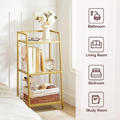 HOOBRO Gold Glass Shelf Stand, 3 Tier Standing Shelf Unit, Bathroom Organizer and Storage, Floor Storage Shelves Waterproof, for Bathroom, Laundry, Toilet, Tempered Glass, Gold GD77CJ01 - size: 15" L x 11.8" W x 30.3" H