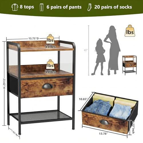 Nightstand with 1 Fabric Drawer, Side Table with Open Mesh Shelf, Bedroom Bedside Table with Storage, Fabric Drawer Dresser, Wood Top, Couch Side, Rustic Brown - color: Brown(1drawer), size: Set of 1
