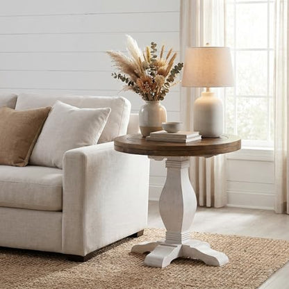 Napa Solid Wood Farmhouse Rustic Reclaimed Natural and White Stain Round End Side Accent Living Room Table, Nightstand Bedside 26" W x 26" D x 25" H | Farmhouse Rustic, Pine Wood, Round Side Table, Nightstand, 2" Plank Top, for Living Room or Bedside, 26"