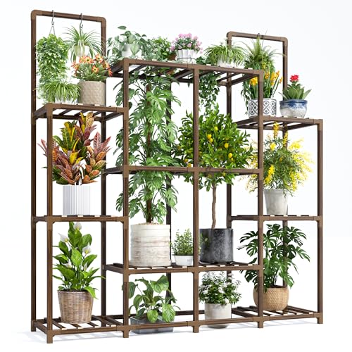 EnHomee Plant Stand, Hold 12-14 Pots, Waterproof Eucalyptus Wood | Easy to Assemble, Sturdy Enough, Without Wobble