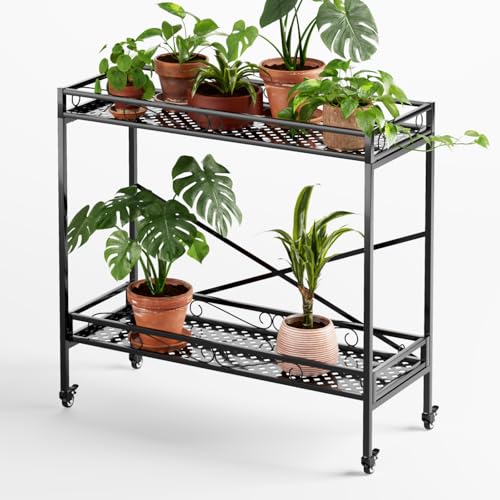 Zhongma 2 Tier Window Height Sturdy Metal Plant Stand with Wheels, 40.5x16x39.4 Inch High, Heavy Duty Succulent Shelf for Home Indoor and Outdoor, 440 LBS Capacity & Heavy Duty Construction - color: 2 Tier 40.5x16x39.4 Inch High