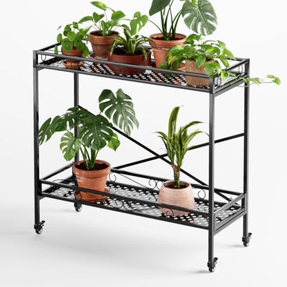 Zhongma 2 Tier Window Height Sturdy Metal Plant Stand with Wheels, 40.5x16x39.4 Inch High, Heavy Duty Succulent Shelf for Home Indoor and Outdoor, 440 LBS Capacity & Heavy Duty Construction - color: 2 Tier 40.5x16x39.4 Inch High