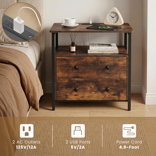 Edbuosy 27 inch Wide Night Stand with Charging Station, Bedside Table with Open Shelf, 2 Drawers Small Wood Dresser, Modern Wood Nightstand for Bedroom/Living Room, Retro Brown - color: Retro Brown, size: 27"W-2 Drawers