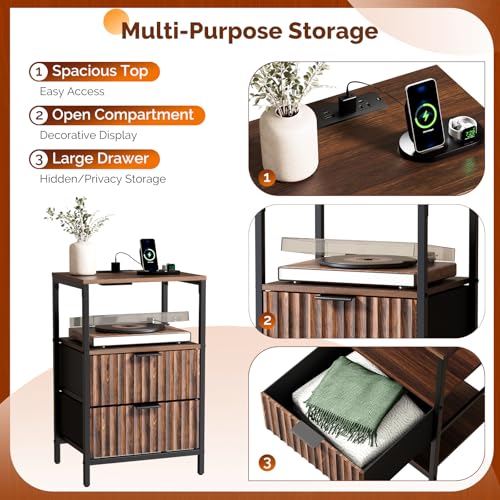 VINGLI Nightstands Set of 2 with Fabric Drawers, Walnut Nightstand with Charging Station, Night Stands Fluted Bedside Tables/End Tables with Charger Station, Side Table Bedroom, Small Night Stand - color: Walnut, size: 15"W-2 Drawer 1 Shelf