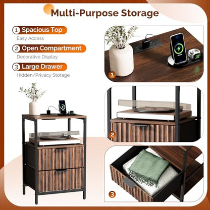 VINGLI Nightstands Set of 2 with Fabric Drawers, Walnut Nightstand with Charging Station, Night Stands Fluted Bedside Tables/End Tables with Charger Station, Side Table Bedroom, Small Night Stand - color: Walnut, size: 15"W-2 Drawer 1 Shelf