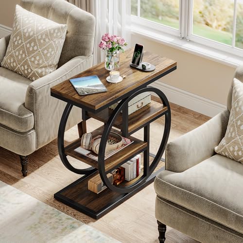 Tribesigns End Table for Living Room, 4-Tier Narrow Side Table with Storage Shelves, Industrial Bedside Table for Bedroom, Wood Small Sofa Side Table with Geometric Metal Frame (1 PC, Rustic Brown) - color: Rustic Brown
