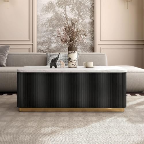 Furniture of America Beryl Modern Rectangle White Genuine Marble Top Coffee Table with Fluted Pedestal Base and Gold Stainless Steel Accent, Low Profile Table for Living Room, Home Office, Black - size: Coffee table, style: Rectangle