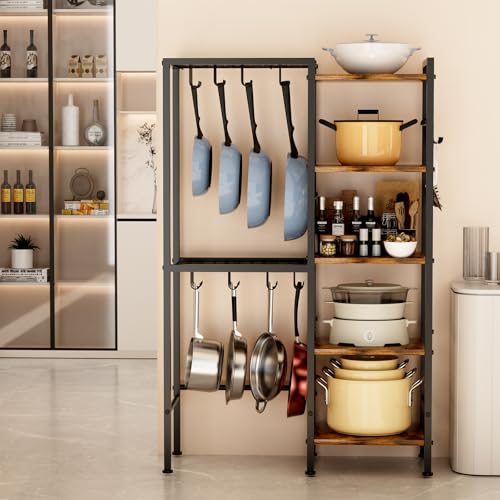 5-Tier Pot and Pan Organizer Rack with Hooks, Heavy-Duty Kitchen Storage Shelf for Cookware, Dishes, and Utensils, Freestanding Metal Pot Rack Organizer for Kitchen, Pantry, or Dining Room - size: Tall one