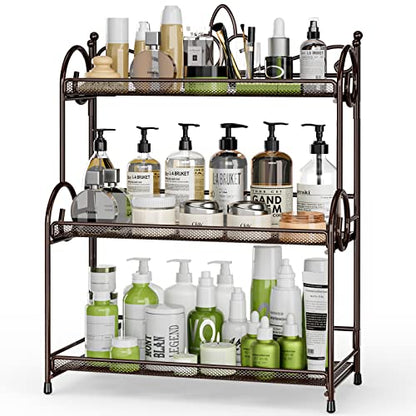EKNITEY Bathroom Organizer Shelf Countertop - 3 Tier Spice Rack No Assembly | Kitchen Counter Organizer, for Skincare Makeup Vanity, Sturdy Metal Frame, Easy to Clean, Space-saving, Foldable, Brown - color: Brown