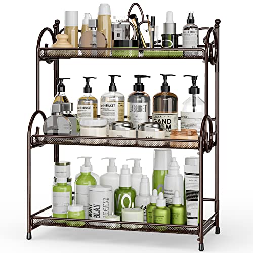 EKNITEY Bathroom Organizer Shelf Countertop - 3 Tier Spice Rack No Assembly | Kitchen Counter Organizer, for Skincare Makeup Vanity, Sturdy Metal Frame, Easy to Clean, Space-saving, Foldable, Brown - color: Brown