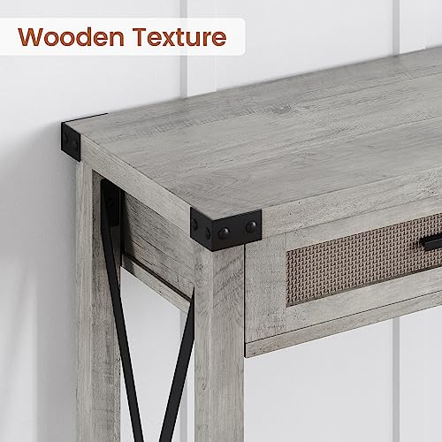 IDEALHOUSE Farmhouse Entryway Table, Grey Console Table with Rattan Drawers, 43" Sofa Table with Storage, Console Tables for Entryway, Living Room, Hallway, Foyer-Grey