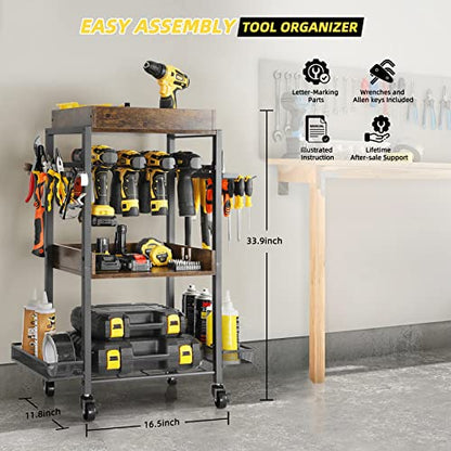 Olakee Power Tool Organizer Garage Storage Organization Shelving Tool Holder Drill Rack Shelf Rolling Cart Open Tool Chest Cabinet Box Organizer with Wheels Workshop Garage Gift Ideas for Men Dad