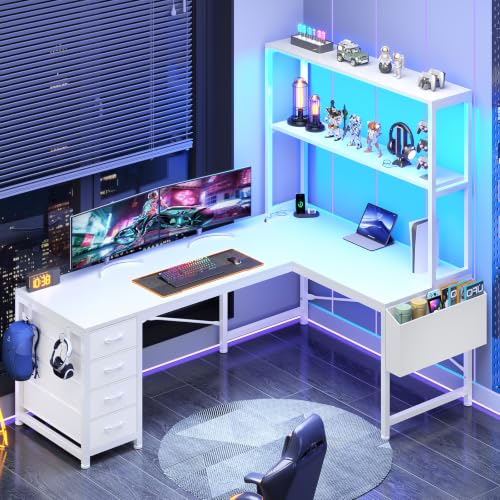 SEDETA L Shaped Gaming Desk, 51.2" Reversible Small Corner Desk with 4 Drawer, Power Outlet & LED Lights, Home Office Desk with Storage Shelves for Small Space, White - color: White