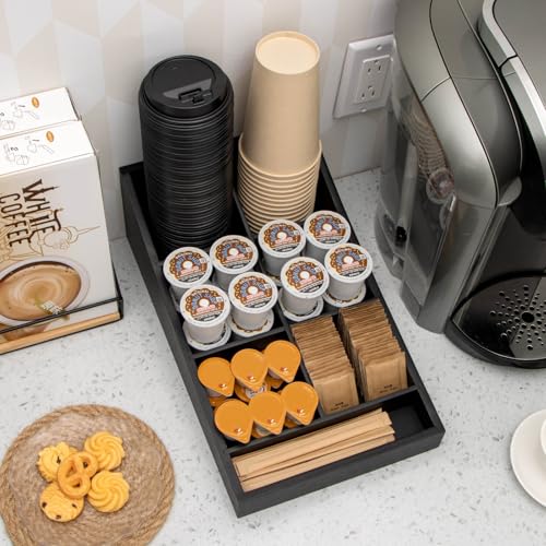 ANBOXIT Coffee Station Organizer for Countertop, Condiment Storage Caddy, Coffee Bar Supplies Organizer for Home, Office and Breakroom - Wooden, Black, 7 Compartment - size: Long & Narrow (7 Compartment)