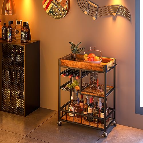 Bar Cart with Basket 3 Tiers Home Rolling Wine Rack with Wheels Mobile Kitchen Industrial Vintage Style Wood Metal Serving Trolley Serving Cart,Glass Holder Bar Cabinet - size: Rustic Brown, style: With Basket