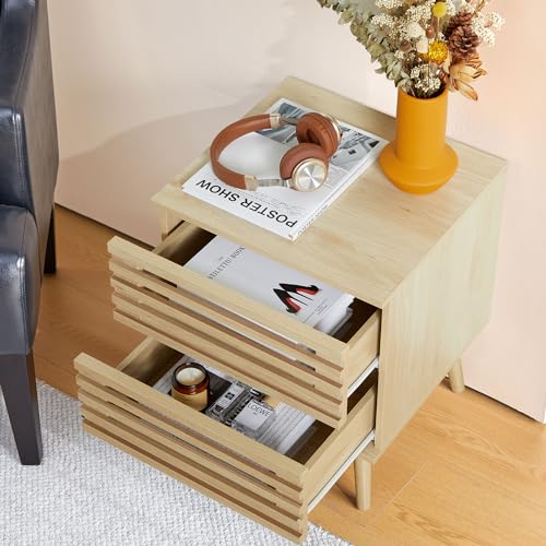 weselon Small Nightstand Set of 2, Boho End Tables with 2 Storage Hollowed-Out Drawers, Bedroom Bedside Table Storage Side Table for Bedroom Living Room (2, Natural Oak)