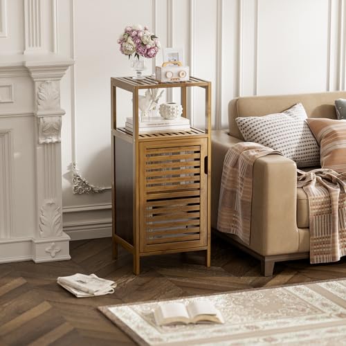 HITNET Bathroom Cabinet, Bamboo Floor Cabinet Free Standing, 4 Tier Sofa Side Storage Cupboard for Living Room Kitchen Entryway, Walnut - color: Walnut