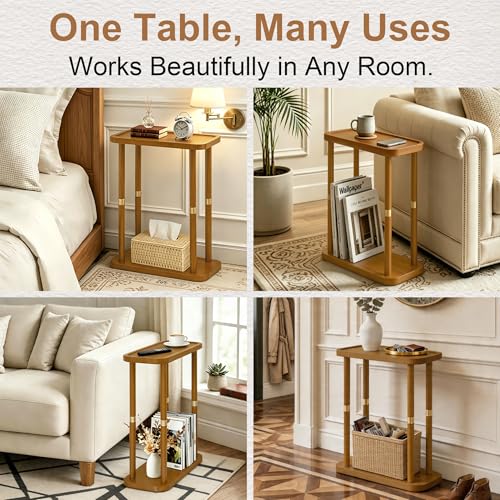Solid Wood Narrow Side Table, 7.5-Inch Slim End Table for Small Spaces, Skinny Nightstand & Sofa Table with Storage Shelf for Living Room, Bedroom, Amber Brown - color: Amber Brown