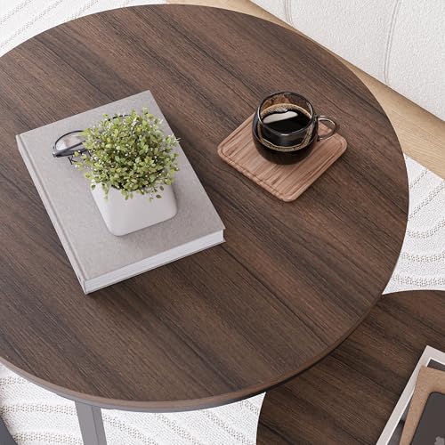 HOJINLINERO Round Nesting Coffee Table Set of 2,Walnut Coffee Table,Large | Center Table for Living Room,Small Apartment,Small Space,Stacking Side Tables,Wood Tabletop,Sturdy and Easy to Assemble - color: Walnut, size: Large