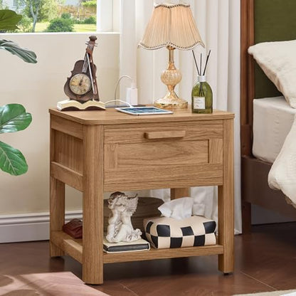 Joaxswe Farmhouse Side Table Set of 2 Living Room, Small Night Stand with 1 Drawers & Open Shelving & 4 Thickened Table Legs, Dark Wood - color: Dark Wood, size: Set of 2
