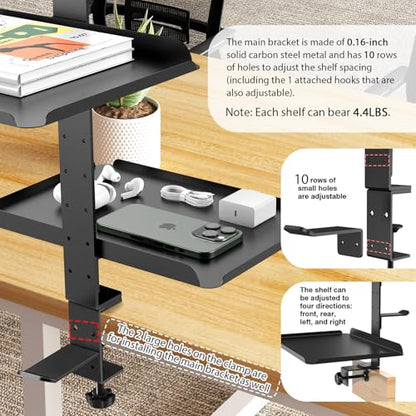 3 Tier Clamp On Desk Shelf, No Drill Desk Extension Shelving Unit with Adjustable Metal Trays & Headphone Stand Above or Under Desk Storage, Heavy Duty Desktop Storage Rack for Home Office