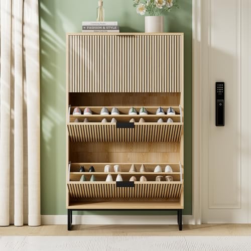 Shoe Cabinet Storage with 3 Flip Drawers, Shoe Organizer Cabinet for Entryway, Modern Freestanding Hidden Shoe Rack Organizer Shoe Cupboard for Hallway, Natural Wood - size: 3 Flip Drawers