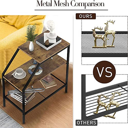 Wolawu End Table 3 Tiers 2pcs Wood Nightstand with Storage Ladder Shelf,Industrial Sofa Side Table for Small Space, Modern Trapezoid Plant Stand in Living Room Bedroom,Gold Metal Frame - color: Brown