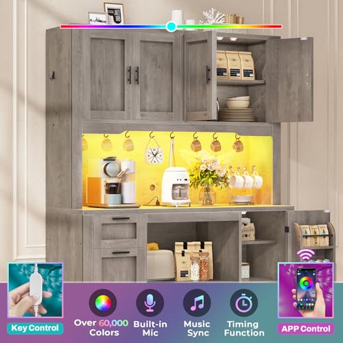 Itaar 71" Pantry Cabinet with Charging Station and LED Light, Kitchen Pantry Cabinet with Microwave Stand, 47.2" Wide Kitchen Storage Cabinets with Storage Cart 3 Tier for Dining Room, Grey - color: Grey