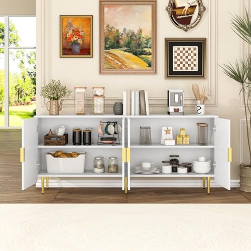 65" Fluted Sideboard Buffet Cabinet with Storage, Console Cabinet with 4 Doors & Adjustable Shelves, Modern Buffet Table for Kitchen Dining Living Room Hallway‌ Entryway, White - color: White