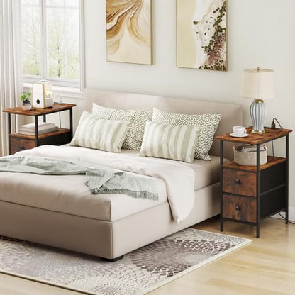 HOOBRO End Table with Charging Station, Narrow Side Table, Nightstand with 2 Non-Woven Drawers, Slim Sofa Side Table, for Small Spaces, Living Room, Bedroom, Rustic Brown and Black BF486UBZ01 - color: Rustic Brown + Black, size: 11.8"L x 18.9"W x 23.6"H