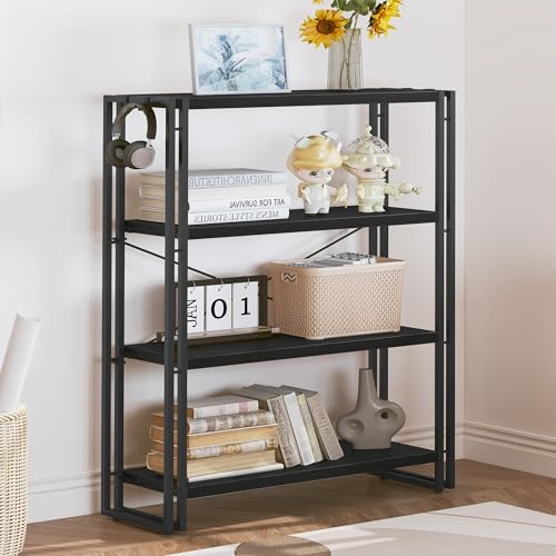 HCHQHS Bookshelf, 4-Tier Industrial Bookcase, Black Open Book Shelf, Freestanding Tall Bookshelves with Metal Frame - color: Black, size: 4-Tier (31.5"W x 44.5"H)