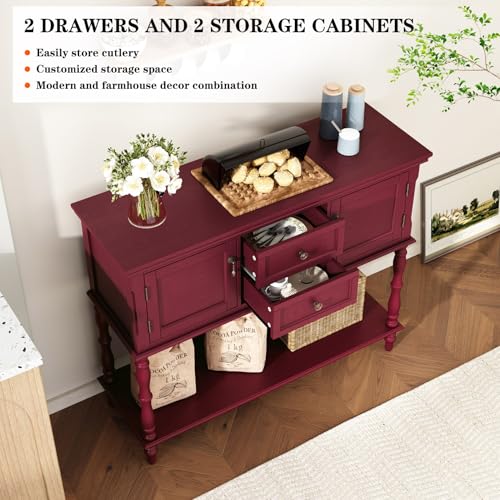 ARTPOWER Console Table with 2 Drawers, Retro Entryway Table with 2 Door Cabinets and Open Storage Shelf, Narrow Long Behind Couch Sofa Table for Living Room, Foyer, Hallway, Red - color: Red