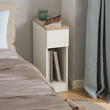 SoBuy Nightstand Narrow Night Stand Modern Design Bedside Furniture Slim End Table Storage Cabinet with Sliding Drawer and Open Compartment, White & Natural FBT111-WN | Slim Dorm Bedsid Table with Open Compartment, White & Natural FBT111-WN