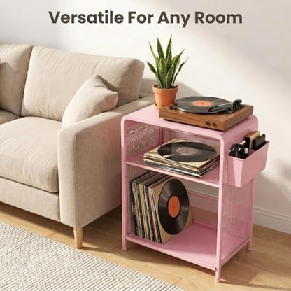 ECOLOVI 3 Tier Printer Stand for Under Desk, Height Adjustable Shelf Small Printer Table with 3 S-Hooks & Basket, Heavy Duty Industrial Storage Shelf for Home Office (Pink) - color: Pink