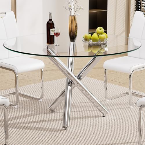 Round Glass Dining Room Table for 4 to 6 Person Modern Tempered Glass Top, Sturdy Chrome Legs, Adjustable Foot Pads, Kitchen Table for Living Room, Dining Room, Tea, Home, 47.24 Inch, Silver Base - color: Round Silver Base, size: 47.24 Inch