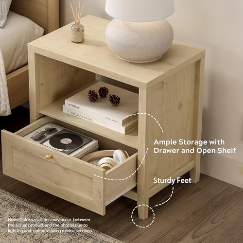 EYYTHUNG Wooden Nightstands with Drawer Modern 24" Wide End Table Night Stand Large Farmhouse Bedside Table with Open Shelf Mid Century Night Stands for Sofa, Light Oak - color: Light Oak, size: 1 PC