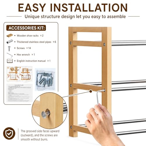 Shoe Rack Wooden, Oak Expandable Shoe Organizer, 3-Tier Stainless Steel Shoe Shelf, 17.7“-31.4” Shoe Storage 6-12 Pairs, for Closet, Garage, Narrow Spaces, Entryway, Door Entrance