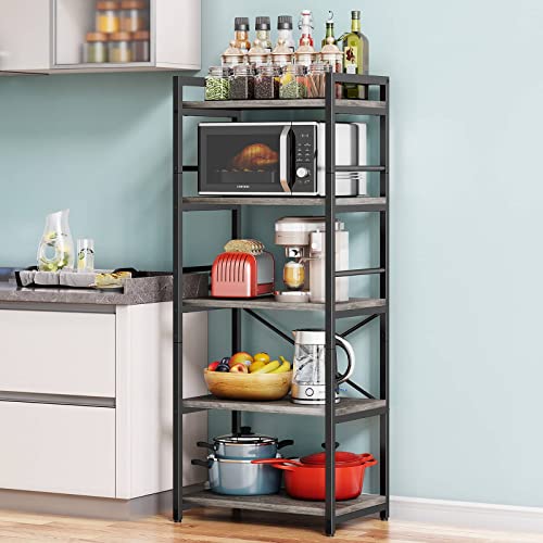 Denkee 5-Tier Bakers Rack for Kitchen with Storage, Industrial Microwave Stand Shelf, Coffee Bar for Small Spaces, Free Standing Kitchen Storage Shelf Rack, 23.62" L x 15.75" W x 60.24" H, Grey - color: Grey