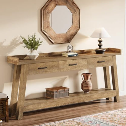 Tribesigns 70.9-Inch Sofa Console Table with 3 Drawers, 2-Tier Extra Long Farmhouse Entryway Table with Raised Baffle and Storage Shelves for Living Room, Couch, Hallway, Foyer, Entrance, Rustic Brown