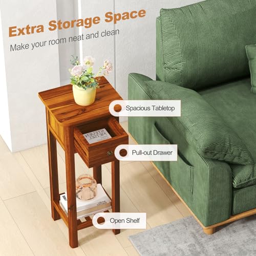 Tangkula 2-Tier Narrow Side Table with Drawer, Acacia Wood Tall End Table for Small Spaces, Farmhouse Slim Bedside Table with Open Shelf, Nightstand for Living Room, Bedroom, No Assembly (2, Natural) - color: Natural