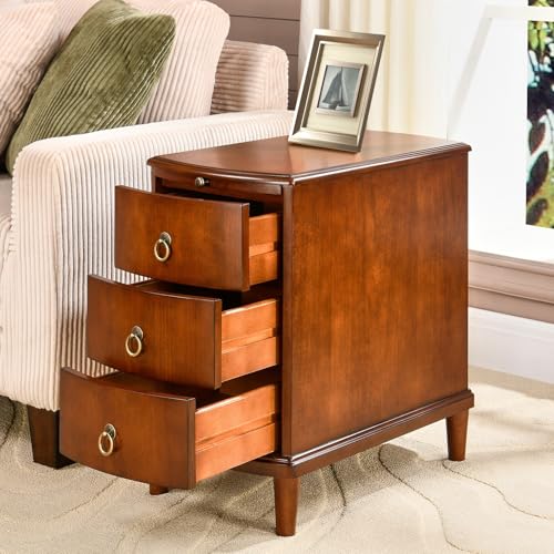 Narrow End Side Table with 3-Drawer and Pull-Out Tray, No-Tools Assembly Beside Table for Living Room, Slim Nightstand with Wood Legs, Sofa Side Tables, 23”W x 22”L x 22.6”H Caramel Brown BG-A1569-MG - style: 1*End Table with 3 Drawers