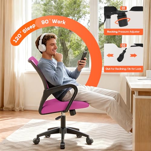 BestOffice Ergonomic Office Chair | Mid-Back Swivel Desk Chair | Pink | with Lumbar Support, Adjustable Height & Breathable Backrest | Sponge Seat & Rolling Wheels | for Home, Office | Pack of 1 - color: Pink, style: pack of 1