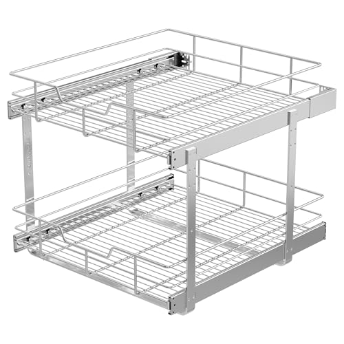 2 Tier Pull Out Cabinet Organizer 21" W X 22" D, Chromed, Full Slide Out | For Kitchen Organizers and Storage, Pull Out Drawers For Cabinets Capacity Heavy Duty Caddy, Cabinet Shelves, Bathroom Pantry - color: 2 Tier - Chrome-Plated, size: 21" W X 22" D
