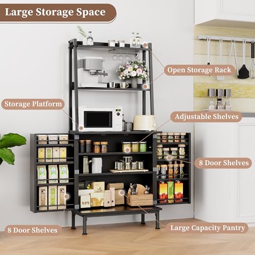 58” Pantry Cabinets with Microwave Shelves, Freestanding Kitchen Storage Cabinet with Adjustable Shelves, Buffet Cupboards for Kitchen, Dining Room, Living Room Use, Black - color: B-58" Black