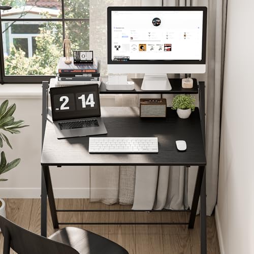DUMOS Folding Desk with Shelf, No Assembly Computer Desk, Small Space Ink | Foldable Desk with Shelf Saves Space for Bedroom, Office and Dorm Use - color: Ink