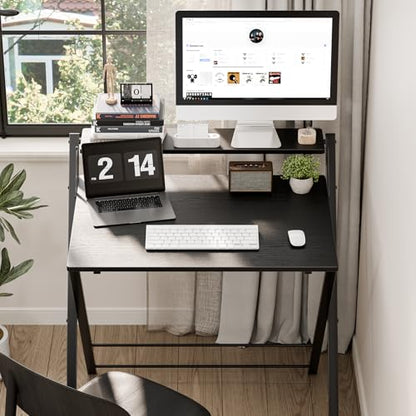 DUMOS Folding Desk with Shelf, No Assembly Computer Desk, Small Space Ink | Foldable Desk with Shelf Saves Space for Bedroom, Office and Dorm Use - color: Ink