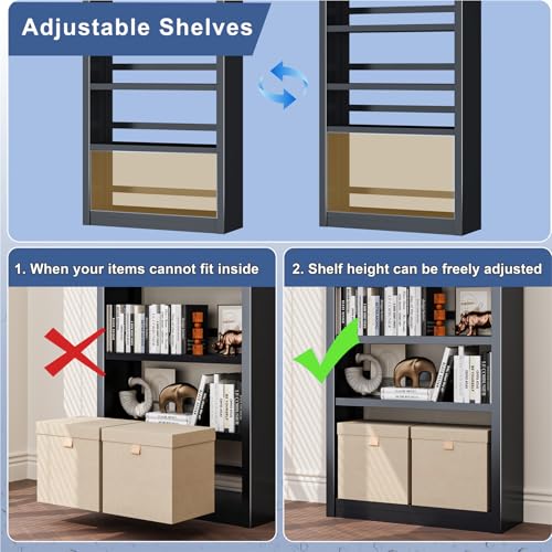 61" 5-Tier Metal Bookshelf,4 Adjustable Shelves,Large Capacity(Black) | 200LB Capacity,No Screws Easy Assemble,Sturdy,Steel,Modern for Living Room - color: Black, size: 61"Hx27.5"Wx11.8"D