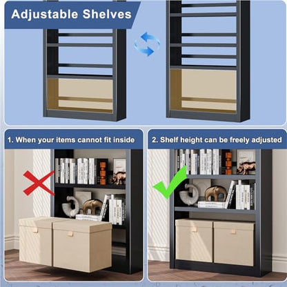 61" 5-Tier Metal Bookshelf,4 Adjustable Shelves,Large Capacity(Black) | 200LB Capacity,No Screws Easy Assemble,Sturdy,Steel,Modern for Living Room - color: Black, size: 61"Hx27.5"Wx11.8"D