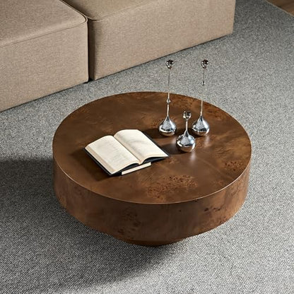 Round Coffee Table Wood, Modern Drum Burl Low Short Coffee Tables for Living Room 31.49" W X 13.77''h Mid Century Wooden Pedestal Fluted Circle Accent Small Center Apartment Easy Assembly Dark Walnut - color: 31.49" Burl Walnut