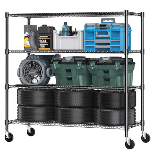 Himimi 72" H Storage Shelves 4 Tier Metal Shelving Adjustable Wire Shelf with Wheels, Heavy Duty Shelving for Garage Kitchen Pantry Bathroom Laundry 18" D*48" W*72" H, Black - color: Black, size: 18"D×48"W×72"H, 4-Tier